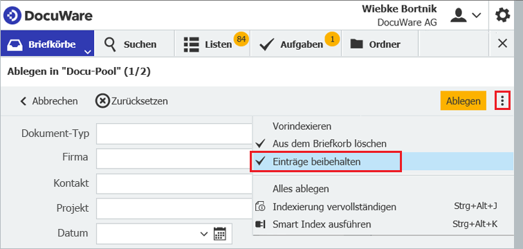 Indexeinträge beibehalten in DocuWare